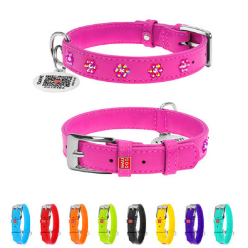 Ошейник для собак WAUDOG Glamour кожаный розовый со стразами "Цветы" и QR паспортом