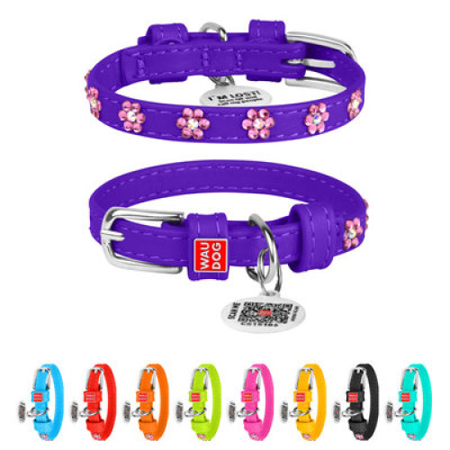 Ошейник для собак WAUDOG Glamour кожаный фиолетовый со стразами "Цветы" и QR паспортом