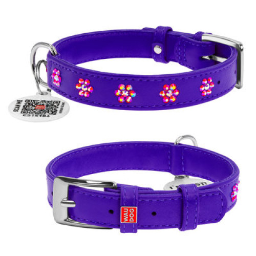 Ошейник для собак WAUDOG Glamour кожаный фиолетовый со стразами "Цветы" и QR паспортом