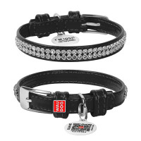 Нашийник для собак шкіряний WAUDOG Glamour з QR паспортом, з прикрасою "Полотно стрази", чорний