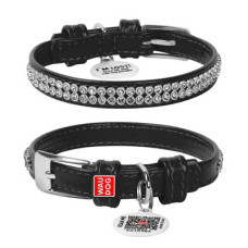 Ошейник для собак кожаный WAUDOG Glamour с QR паспортом, с украшением "Полотно страз", чёрный