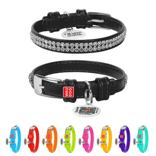 Ошейник для собак кожаный WAUDOG Glamour с QR паспортом, с украшением "Полотно страз", чёрный