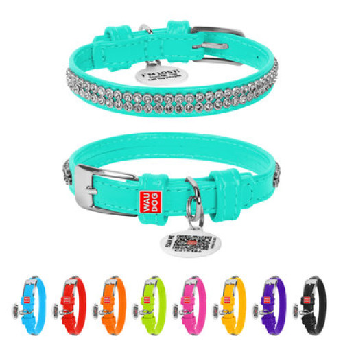 Ошейник для собак кожаный WAUDOG Glamour с QR паспортом, с украшением "Полотно страз", ментоловый