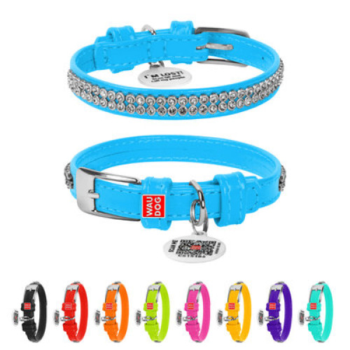 Ошейник для собак кожаный WAUDOG Glamour с QR паспортом, с украшением "Полотно страз", голубой