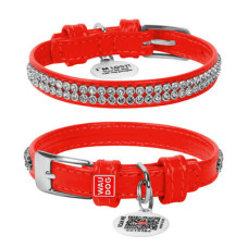 Ошейник для собак кожаный WAUDOG Glamour с QR паспортом, с украшением "Полотно страз", красный