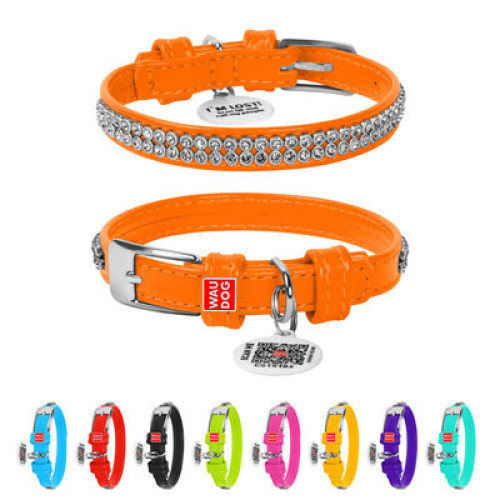 Ошейник для собак кожаный WAUDOG Glamour с QR паспортом, с украшением "Полотно страз", оранжевый