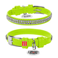 Нашийник для собак шкіряний WAUDOG Glamour з QR паспортом, з прикрасою "Полотно стрази", салатовий