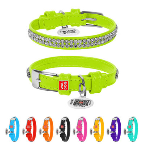 Ошейник для собак кожаный WAUDOG Glamour с QR паспортом, с украшением "Полотно страз", салатовый