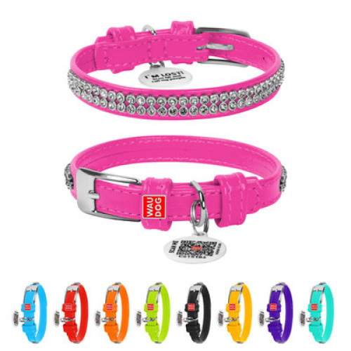 Ошейник для собак кожаный WAUDOG Glamour с QR паспортом, с украшением "Полотно страз", розовый