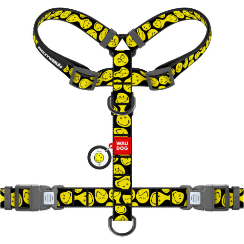 Шлея для собак анатомическая WAUDOG Nylon "Смайлы на черном" с QR-паспортом