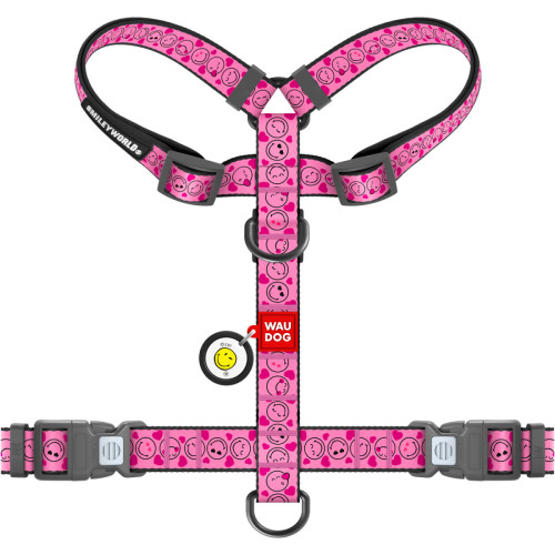 Шлея для собак анатомическая WAUDOG Nylon "Смайлы на розовом" с QR-паспортом