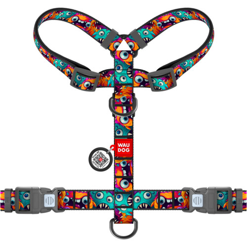 Шлея для собак анатомическая WAUDOG Nylon "Зубастые монстры" с QR-паспортом