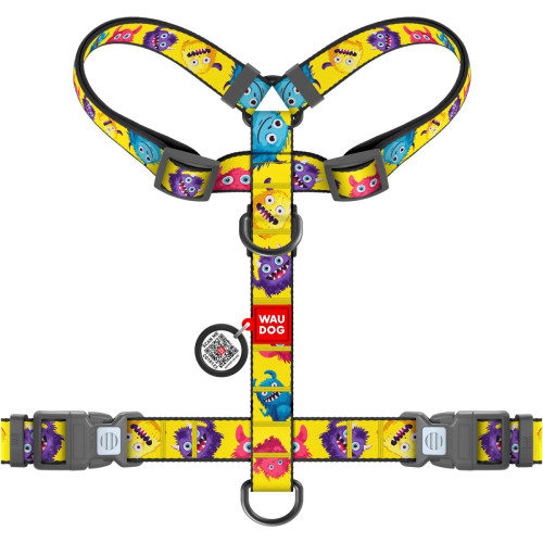 Шлея для собак анатомическая WAUDOG Nylon "Мохнатые монстры" с QR-паспортом