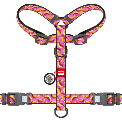 Шлея для собак анатомическая WAUDOG Nylon "Бананы на розовом" с QR-паспортом