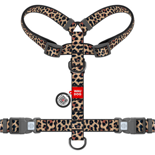 Шлея анатомическая WAUDOG Nylon Леопард с двумя фастексами и QR паспортом