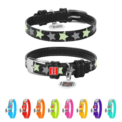 Ошейник для собак кожаный Collar WAUDOG Glamour светонакопительный черного цвета с QR паспортом