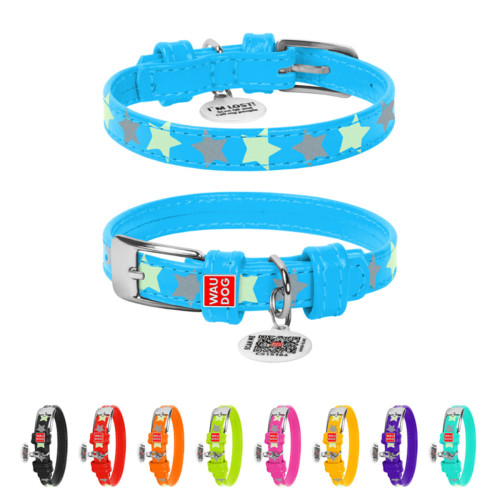Ошейник для собак кожаный Collar WAUDOG Glamour светонакопительный голубого цвета с QR паспортом