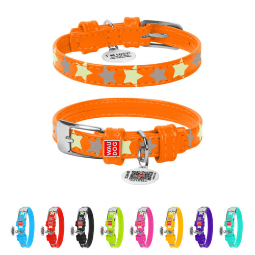 Ошейник для собак кожаный Collar WAUDOG Glamour светонакопительный оранжевого цвета с QR паспортом