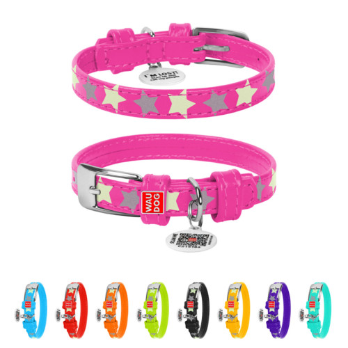 Ошейник для собак кожаный Collar WAUDOG Glamour светонакопительный розового цвета с QR паспортом