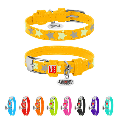 Ошейник для собак кожаный Collar WAUDOG Glamour светонакопительный жёлтого цвета с QR паспортом