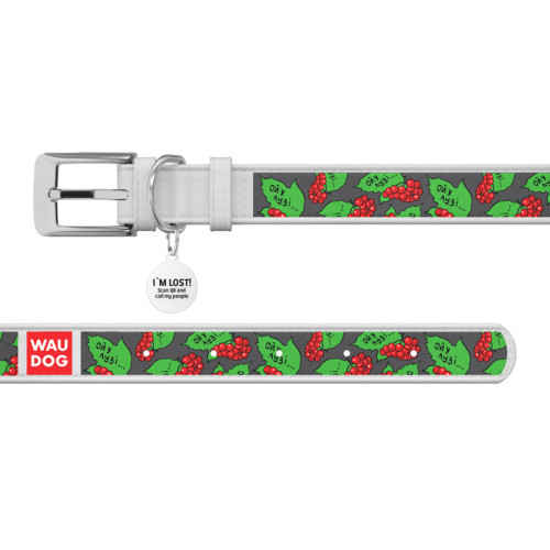 Кожаный ошейник для собак WAUDOG Design с рисунком "Калина", белая кожа