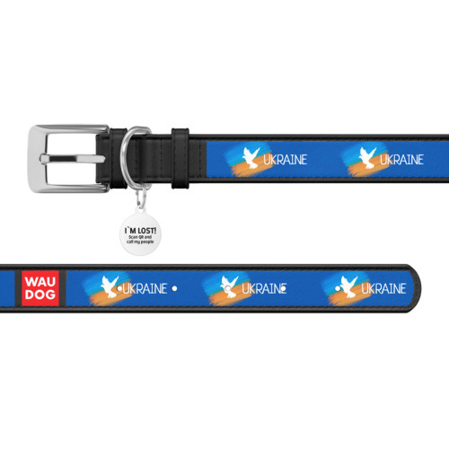 Кожаный ошейник для собак WAUDOG Design с рисунком "Флаг", чёрная кожа