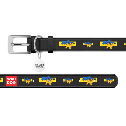 Кожаный ошейник для собак WAUDOG Design с рисунком "Дом", чёрная кожа