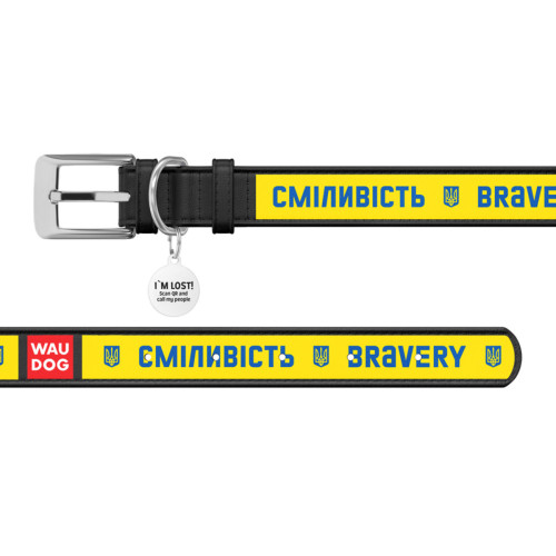 Шкіряний нашийник для собак WAUDOG Design з малюнком "Сміливість", чорна шкіра