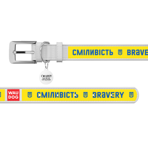 Шкіряний нашийник для собак WAUDOG Design з малюнком "Сміливість", біла шкіра