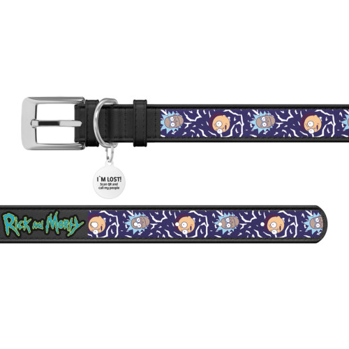 Кожаный ошейник для собак WAUDOG Design с рисунком "Рик и Морти 2", чёрная кожа