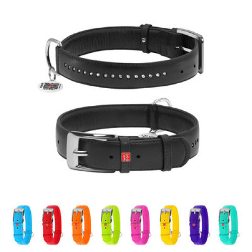 Ошейник для собак кожаный WAUDOG Glamour с QR паспортом, двойной со стразами, чёрный