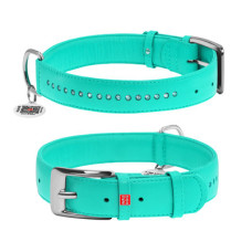Ошейник для собак кожаный WAUDOG Glamour с QR паспортом, двойной со стразами, ментоловый