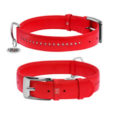 Ошейник для собак кожаный WAUDOG Glamour с QR паспортом, двойной со стразами, красный
