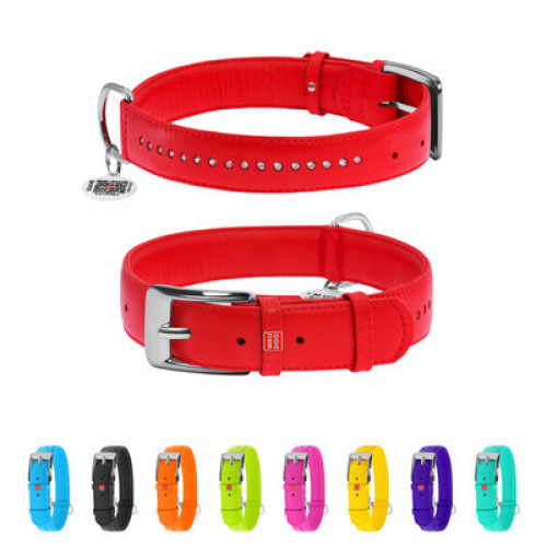 Ошейник для собак кожаный WAUDOG Glamour с QR паспортом, двойной со стразами, красный