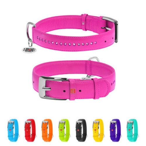 Ошейник для собак кожаный WAUDOG Glamour с QR паспортом, двойной со стразами, розовый