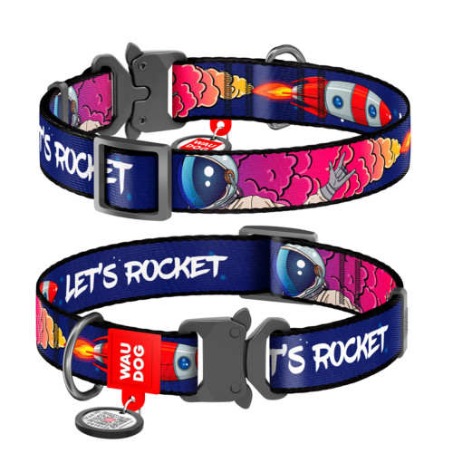 Нашийник для собак нейлоновий WAUDOG Nylon c QR паспортом, малюнок "Космос. Ракета", металевий фастекс