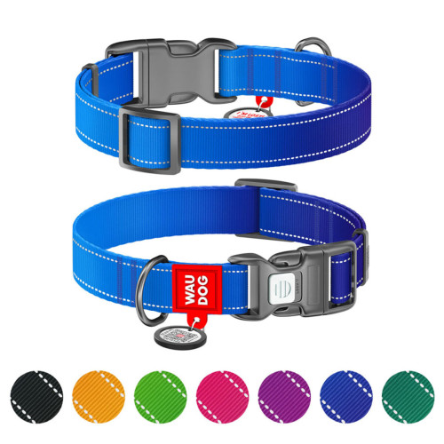 Ошейник для собак WAUDOG Nylon Mono синего цвета, светоотражающий, пластиковый фастекс