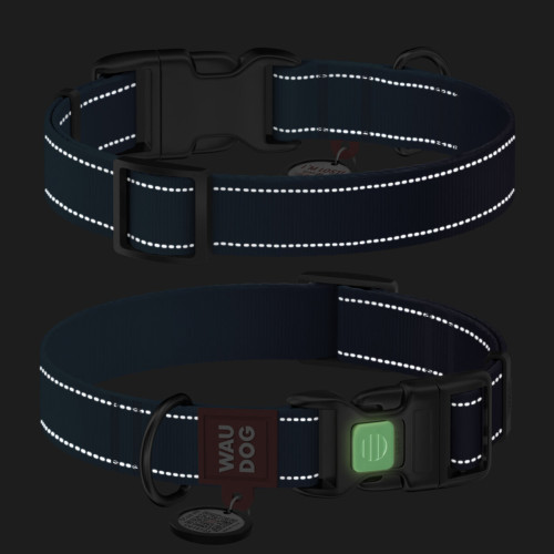 Ошейник для собак WAUDOG Nylon Mono синего цвета, светоотражающий, пластиковый фастекс