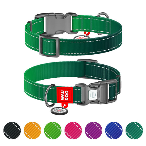 Ошейник для собак WAUDOG Nylon Mono зелёного цвета, светоотражающий