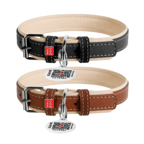 Ошейник для собак "Waudog soft" кожаный с QR-паспортом чёрного цвета