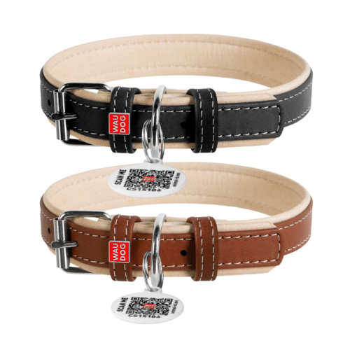 Ошейник для собак "Waudog soft" кожаный с QR-паспортом коричневого цвета