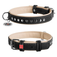 Ошейник для собак WAUDOG Soft кожаный с QR паспортом и металлическими украшениями, черный