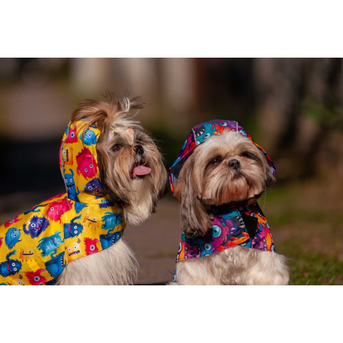 Дощовик-накидка для собак WAUDOG Clothes з капюшоном, малюнок «Мохнаті монстри»