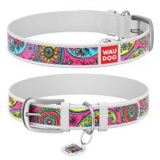 Ошейник WAUDOG Design с рисунком "Пейсли", белая премиум кожа, металлическая пряжка