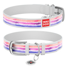 Ошейник WAUDOG Design с рисунком "Акварельные полоски 2", белая премиум кожа, металлическая пряжка