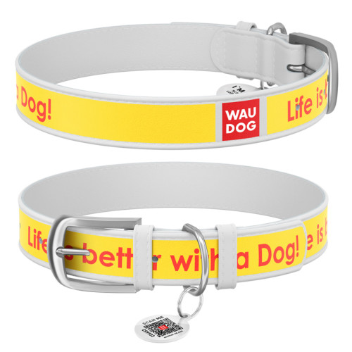 Ошейник WAUDOG Design с рисунком "Лучшая жизнь", белая премиум кожа, металлическая пряжка