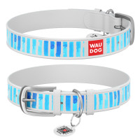 Ошейник WAUDOG Design с рисунком "Голубые полоски", белая премиум кожа, металлическая пряжка