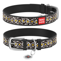 Нашийник WAUDOG Design з малюнком “Ромашка”, чорна преміум шкіра, металева пряжка