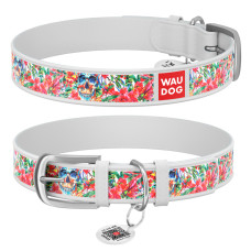 Ошейник WAUDOG Design с рисунком "Черепа в цветах", белая премиум кожа, металлическая пряжка