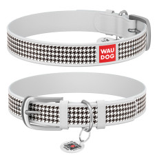Ошейник WAUDOG Design с рисунком "Шанель", белая премиум кожа, металлическая пряжка
